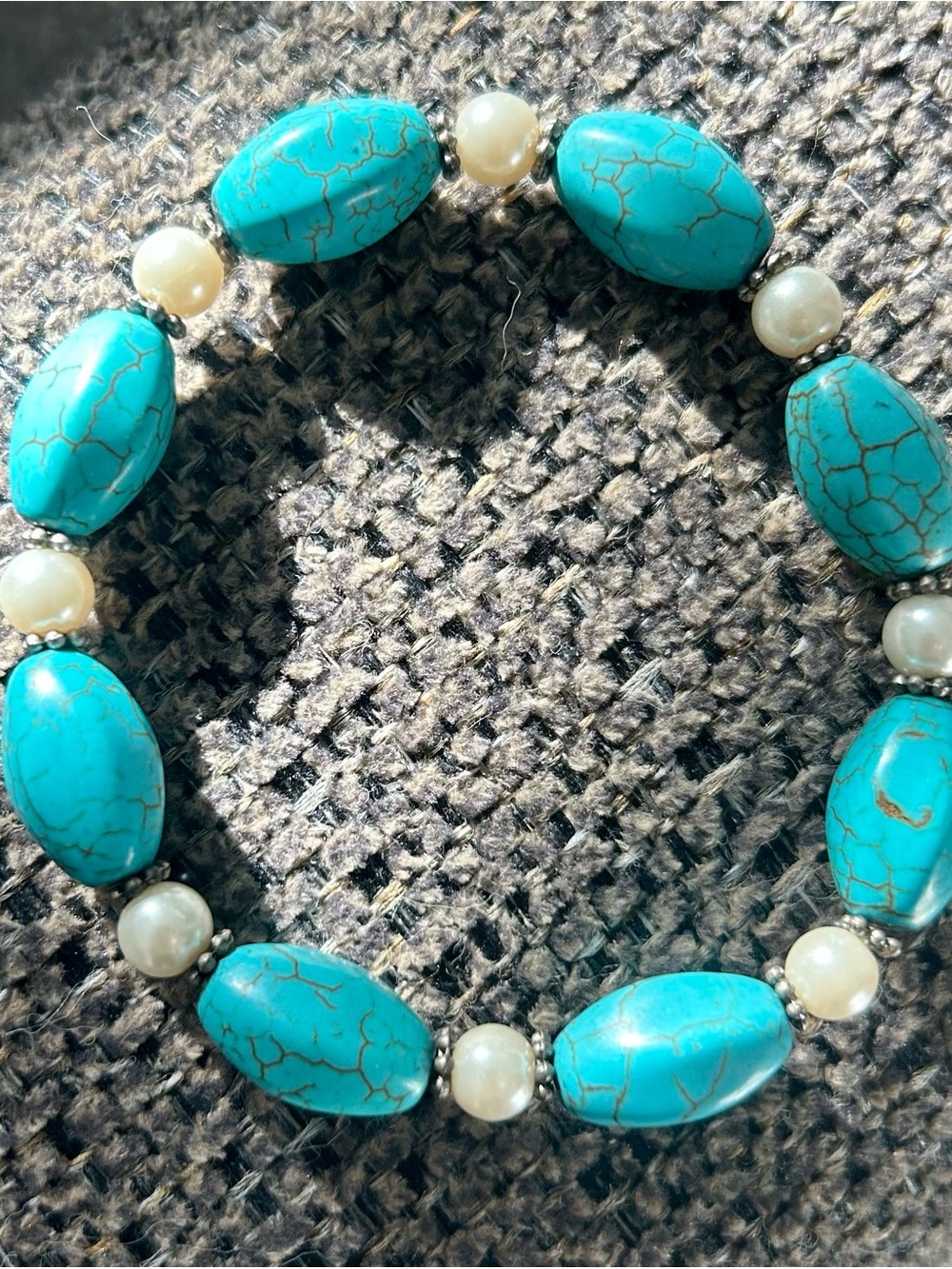 Turquoise Bead & Pearl Stretch Bracelet - Fashion Jewelry